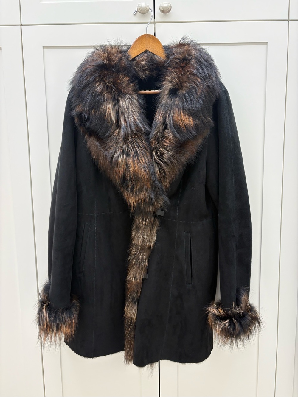 Women's Black Shearling Jacket with Brown Fur Trim